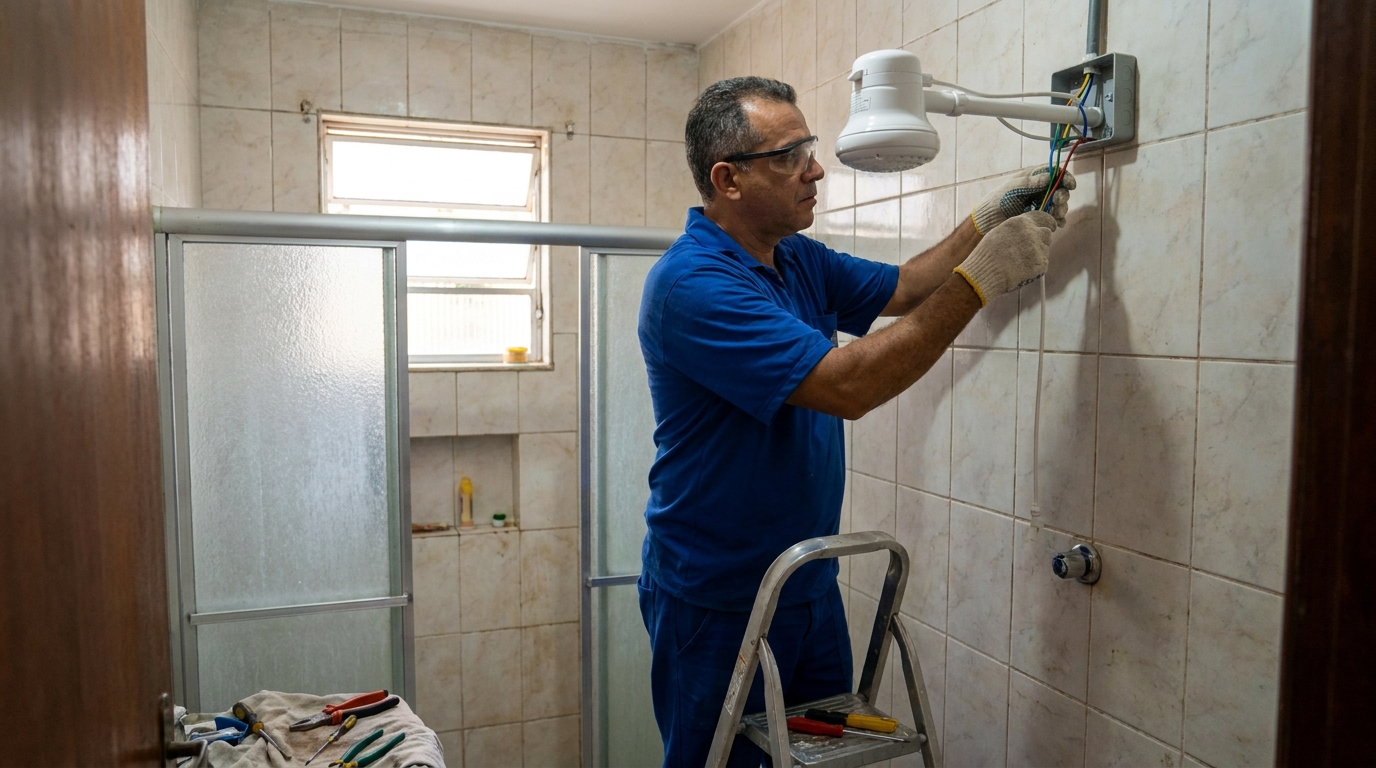 Eletricista instalando chuveiro eletrico em São Carlos‑SP