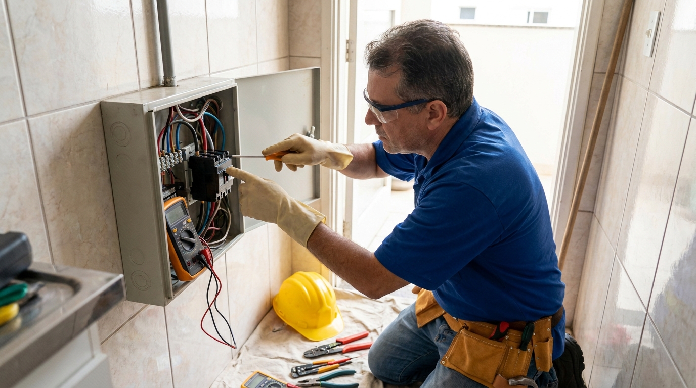 Eletricista instalando disjuntor em São Carlos‑SP