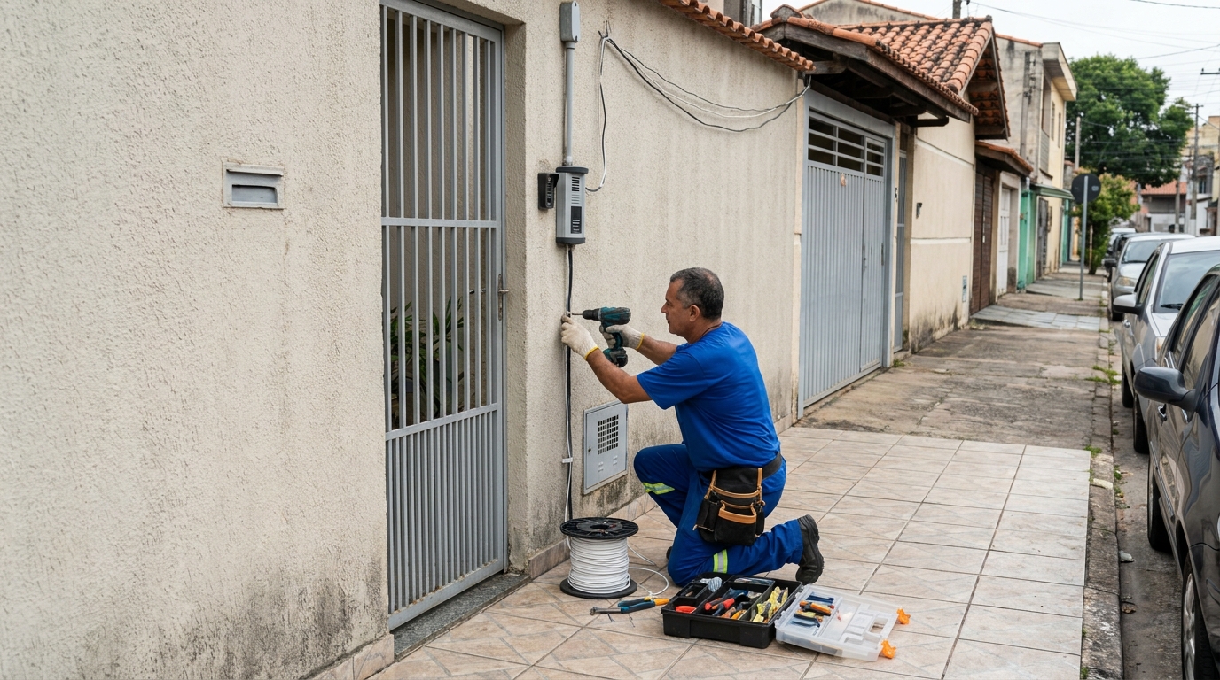 Eletricista instalando interfone em São Carlos‑SP